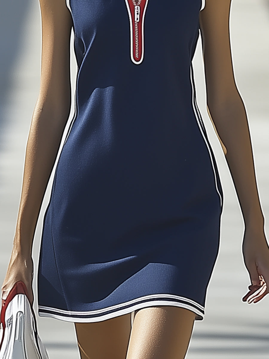 High Fashion White Trim Navy Lapel Half Zip Sleeveless Mini Dress