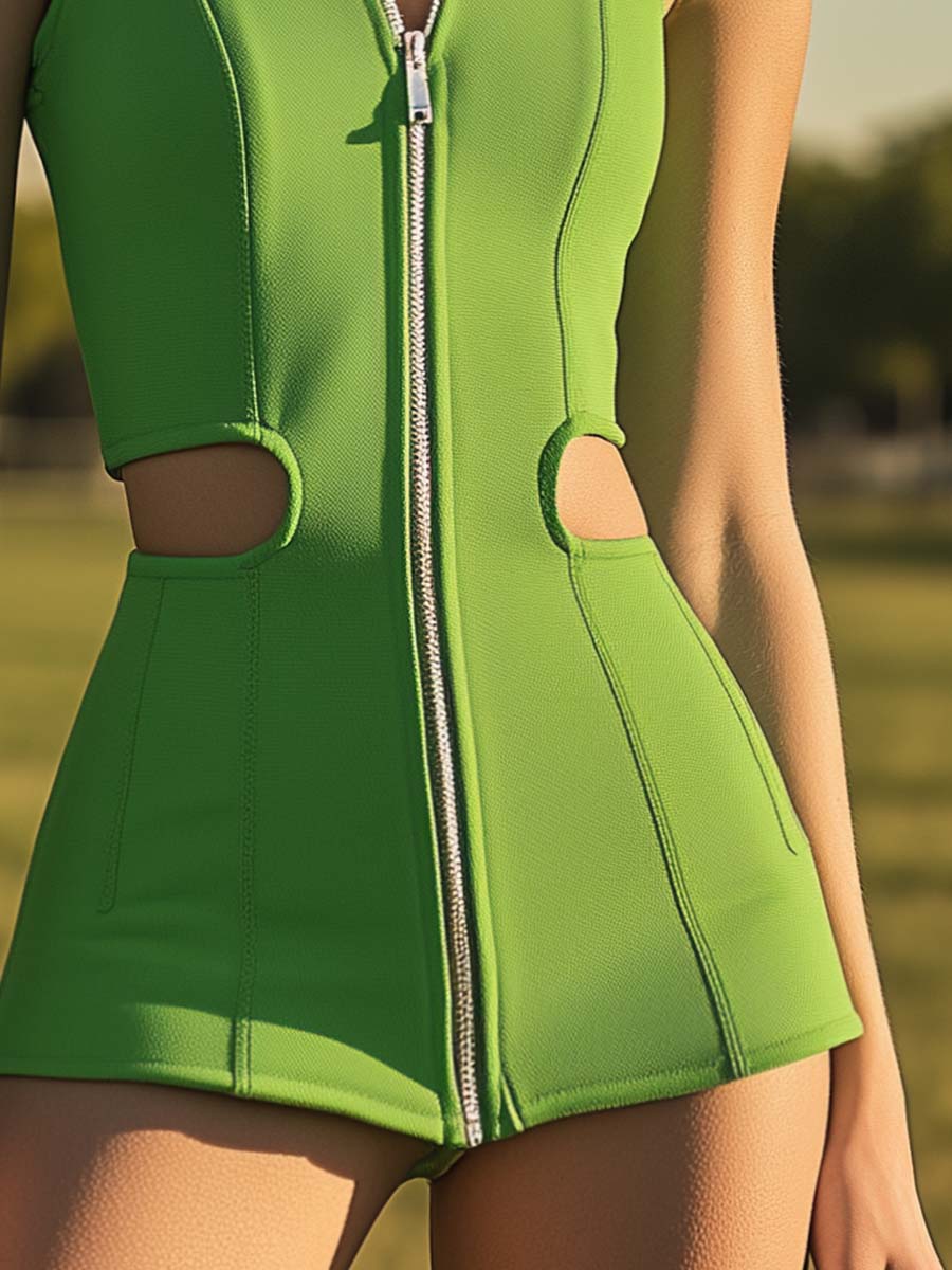Fashion Front Zipper Waist Hollow Simple Sports Style Fruit Green Mini Dress