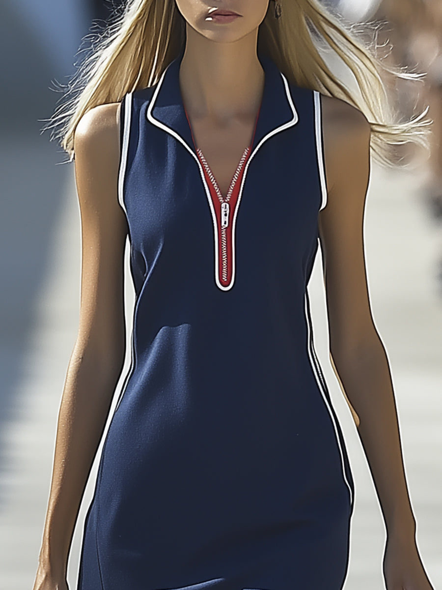 High Fashion White Trim Navy Lapel Half Zip Sleeveless Mini Dress